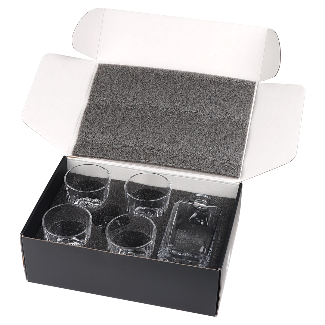 Personalized 750ml Square Glass Decanter Set with Four Rocks Glasses in a Black Gift Box - Personalized