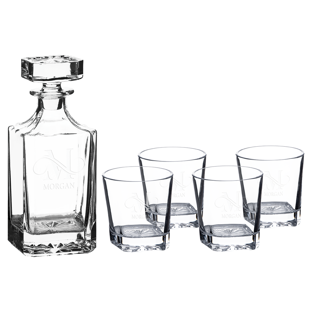 Personalized 750ml Square Glass Decanter Set with Four Rocks Glasses in a Black Gift Box - Personalized