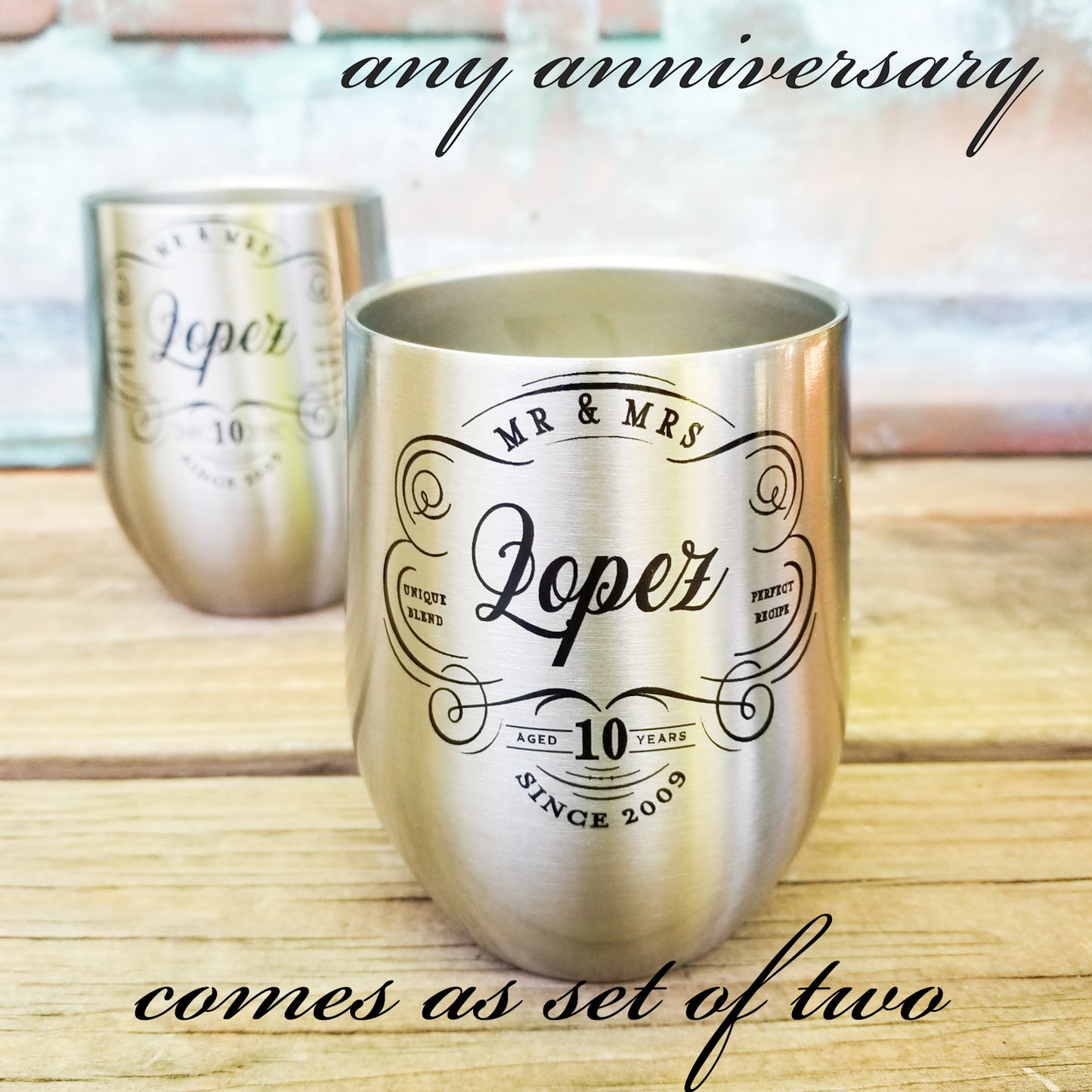 Perfect 10th Anniversary Gift! Personalized Anniversary Wine Tumblers in Stainless Steel