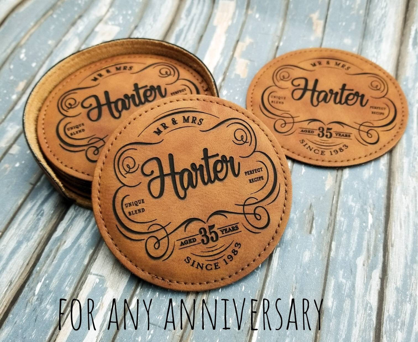 35th Anniversary Gift, Vegan Leather Coaster Set Personalized