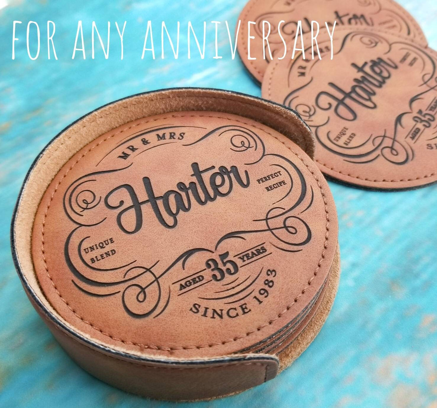 35th Anniversary Gift, Vegan Leather Coaster Set Personalized