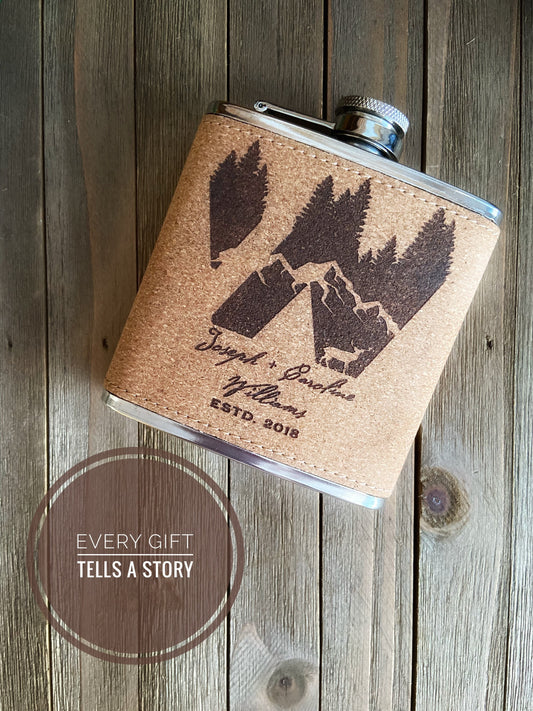 Adventurers Mr Mrs Wedding Gift, Forest Monogram Cork Flask, Personalized Wedding Anniversary Gift, Groomsman Gift