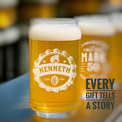 Personalized Beer Can Glass, Birthday, Sandblasted Custom Barware,  Fathers Day, Corporate, Dad, For Him, Custom Groomsmen Gift,