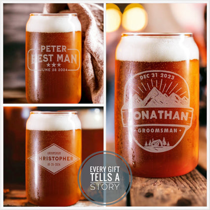 Personalized Groomsman Beer Can Glass, Laser Engraved 16oz Pint