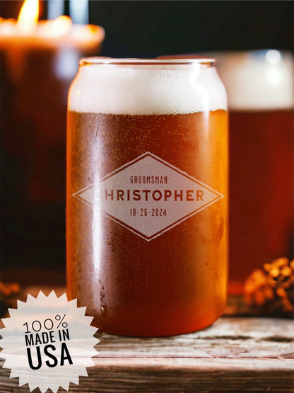 Personalized Groomsman Beer Can Glass, Laser Engraved 16oz Pint