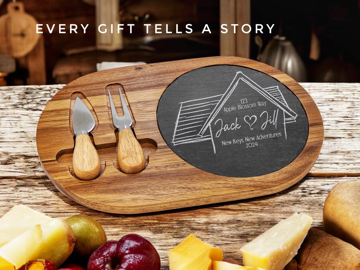 Personalized Wood Slate Cheese Board Set | New Home Gift | Realtor Closing Present | Housewarming Gift