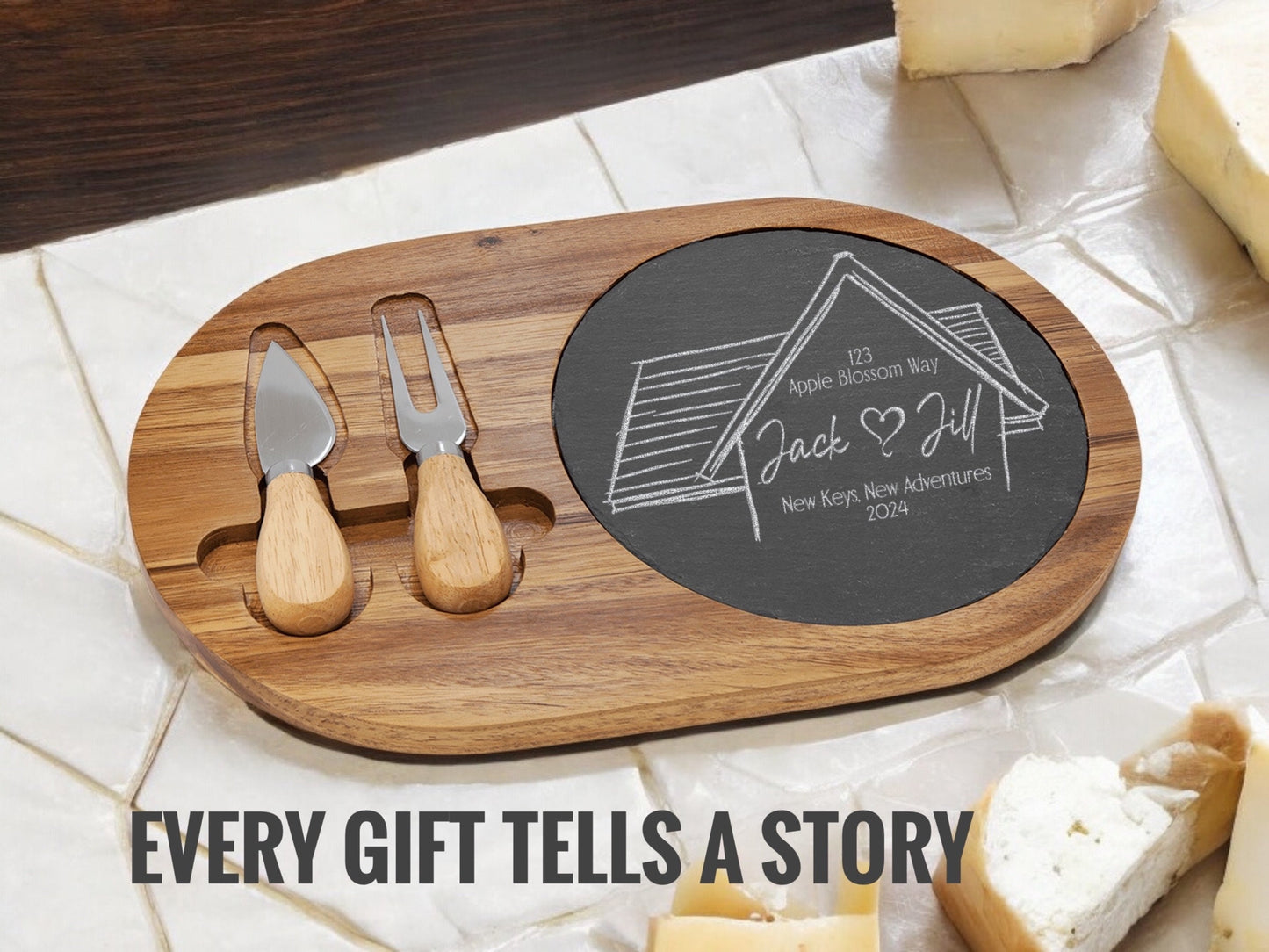 Personalized Wood Slate Cheese Board Set | New Home Gift | Realtor Closing Present | Housewarming Gift