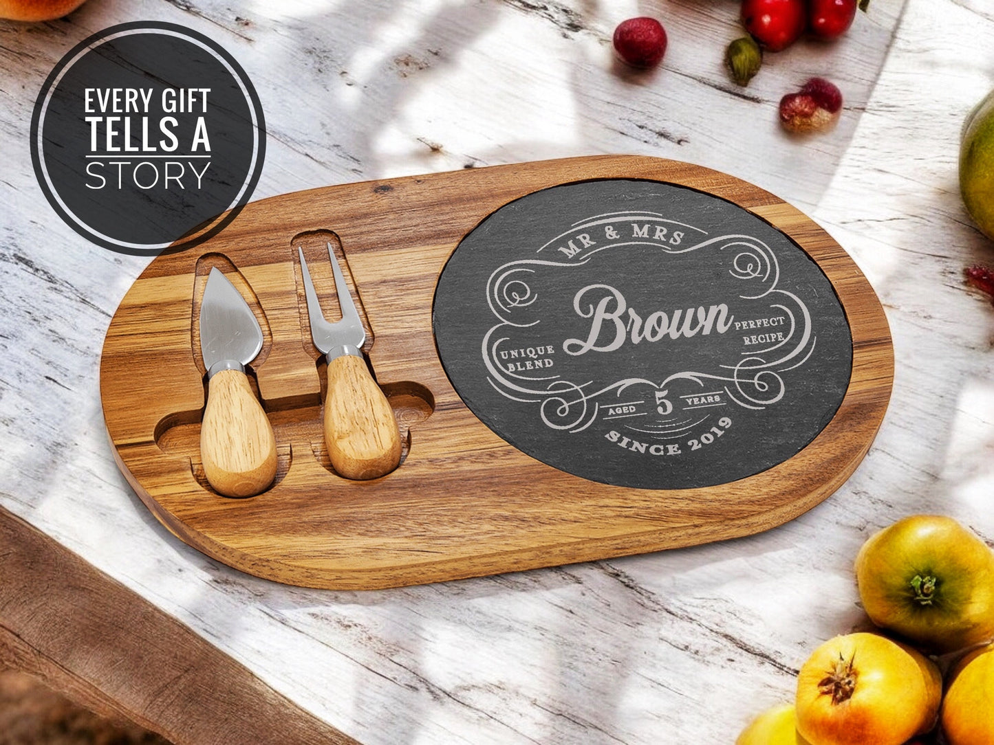 Anniversary Gift Personalized Cheese Board Set, Engraved Acacia Wood Slate Platter Oval with Tools, Custom Couple Gift