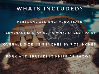 Personalized Wood Slate Cheese Board Set | New Home Gift | Realtor Closing Present | Housewarming Gift