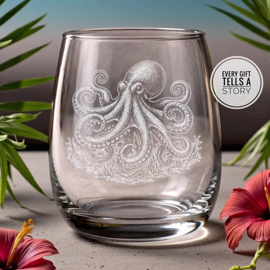 Ocean Octopus Glassware | Personalized Marine Life Gift, Engraved Whiskey Wine Beer Tea Drinkware for Sea Scuba Lover