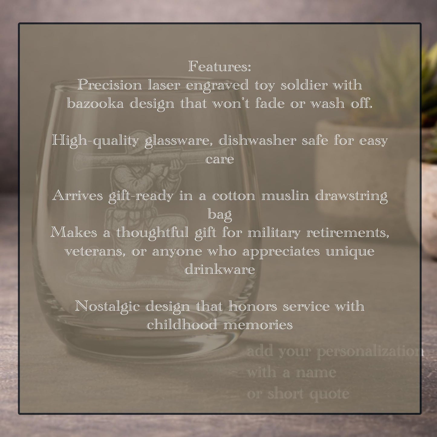 Toy Soldier Bazooka Glass | Personalized Military Gift - Engraved Whiskey Wine Beer Tea Drinkware for Army Retirement