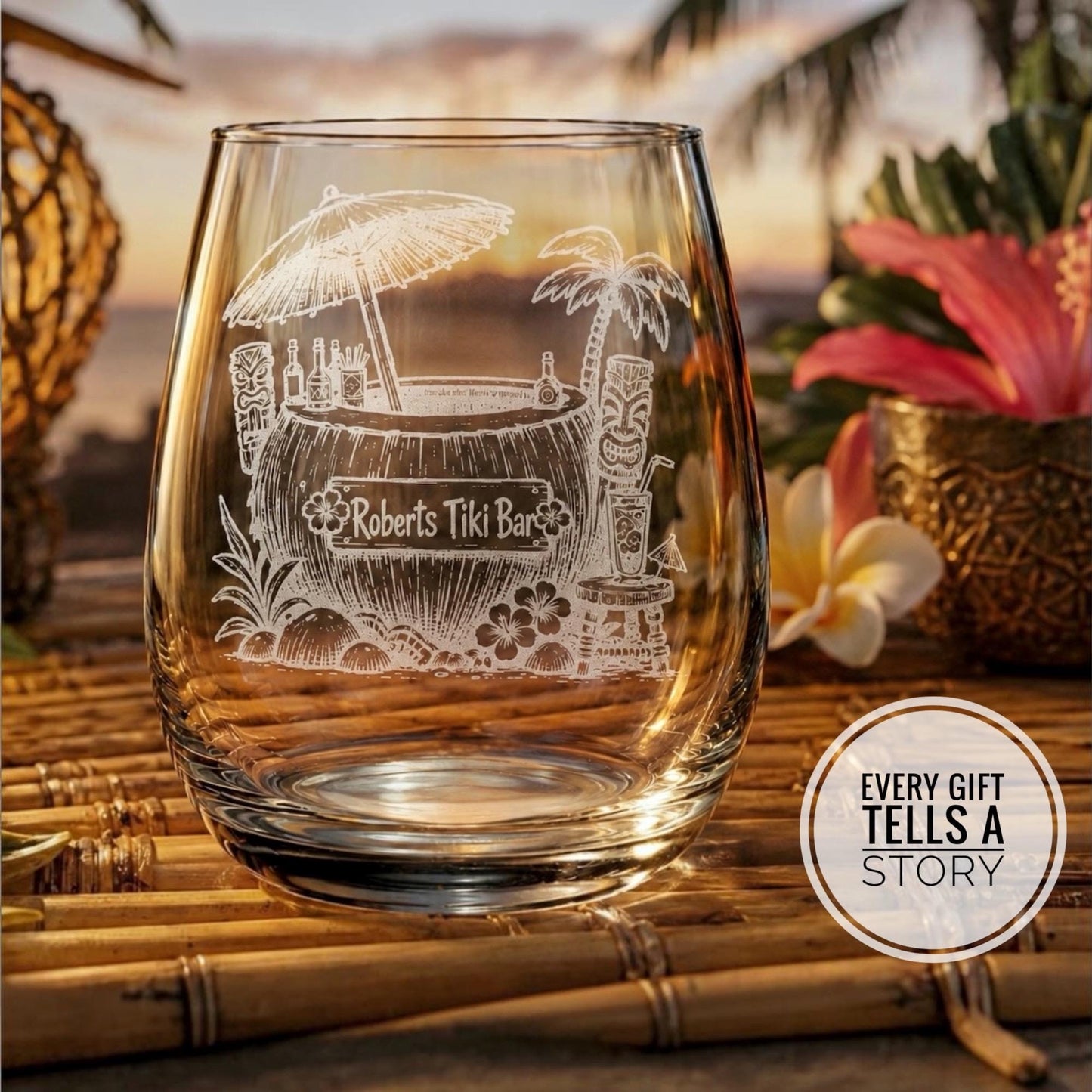 Tiki Coconut Bar Glasses | Engraved Personalized Tropical Barware, Beach Gift, Island Barware
