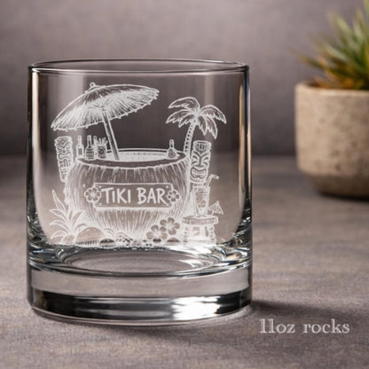 Tiki Coconut Bar Glasses | Engraved Personalized Tropical Barware, Beach Gift, Island Barware