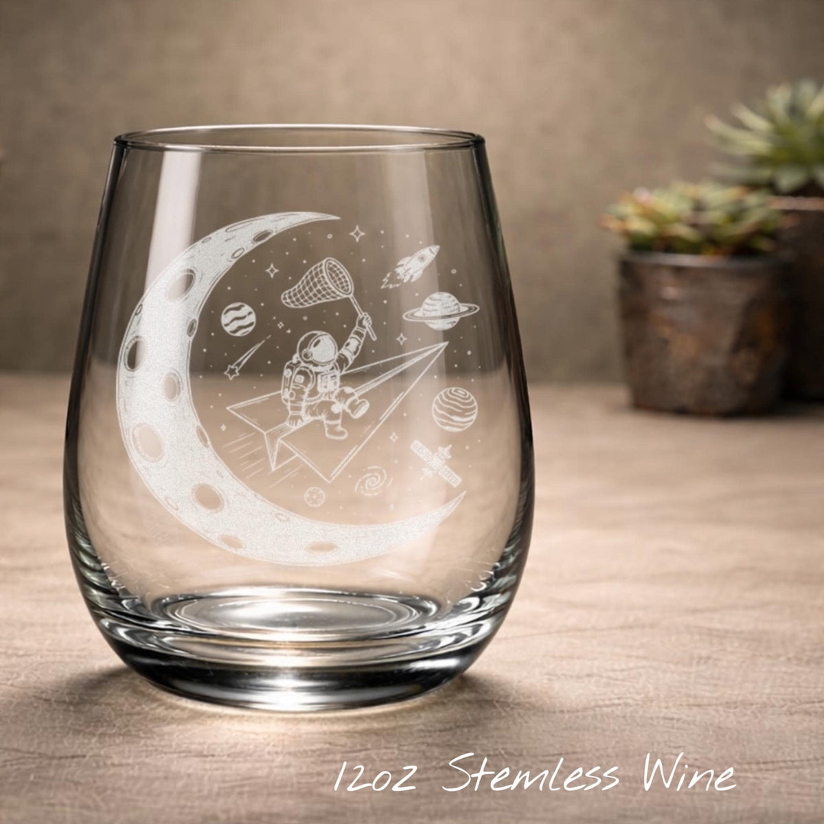 Astronaut Moon Glasses | Engraved Whiskey Rocks, Wine, Pint, Beer Can Drinkware Gift for Space Lovers & Astronomy Fans, Space Rocket Decor