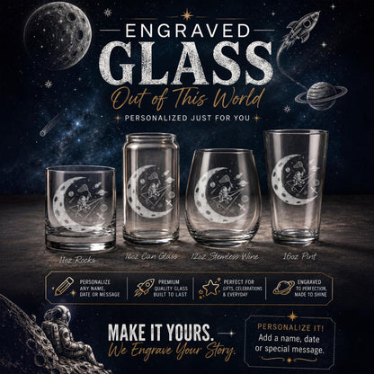 Astronaut Moon Glasses | Engraved Whiskey Rocks, Wine, Pint, Beer Can Drinkware Gift for Space Lovers & Astronomy Fans, Space Rocket Decor