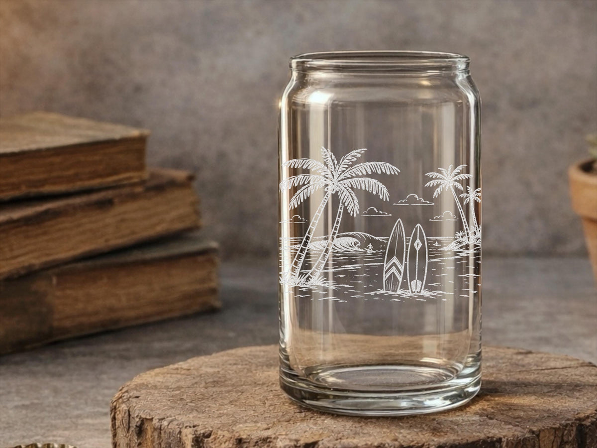 Surfer Beach Glassware | Engraved Beach Scene Whiskey, Beer, Wine Drinkware, Beach House Coastal Gift, Wave Riders
