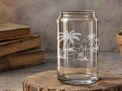 Surfer Beach Glassware | Engraved Beach Scene Whiskey, Beer, Wine Drinkware, Beach House Coastal Gift, Wave Riders