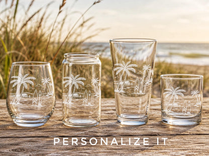 Surfer Beach Glassware | Engraved Beach Scene Whiskey, Beer, Wine Drinkware, Beach House Coastal Gift, Wave Riders
