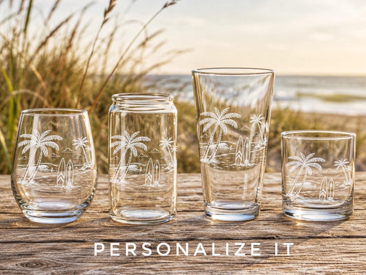 Surfer Beach Glassware | Engraved Beach Scene Whiskey, Beer, Wine Drinkware, Beach House Coastal Gift, Wave Riders