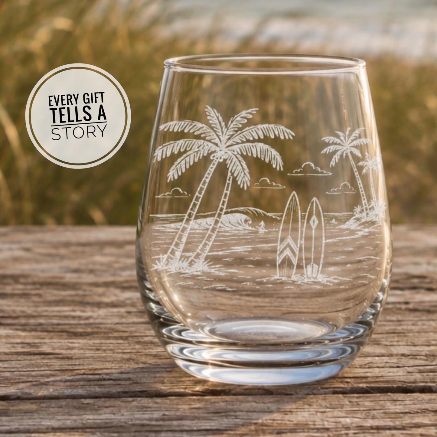 Surfer Beach Glassware | Engraved Beach Scene Whiskey, Beer, Wine Drinkware, Beach House Coastal Gift, Wave Riders