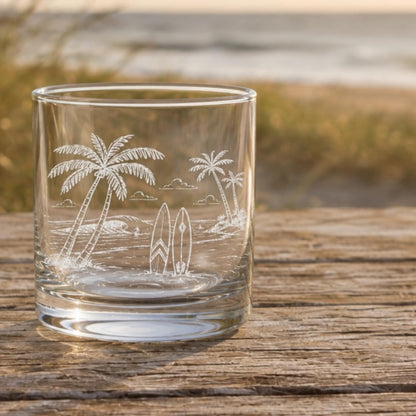 Surfer Beach Glassware | Engraved Beach Scene Whiskey, Beer, Wine Drinkware, Beach House Coastal Gift, Wave Riders