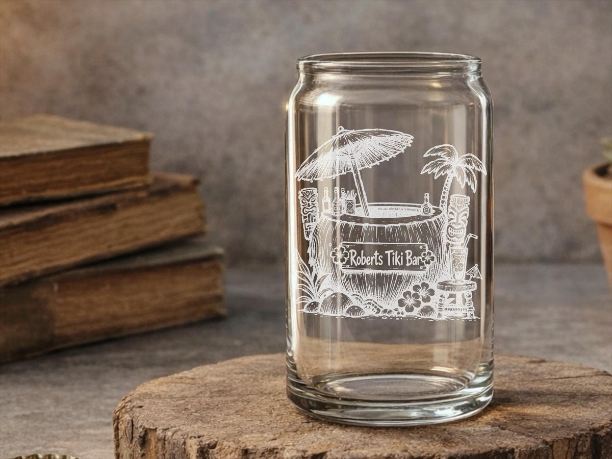 Tiki Coconut Bar Glasses | Engraved Personalized Tropical Barware, Beach Gift, Island Barware