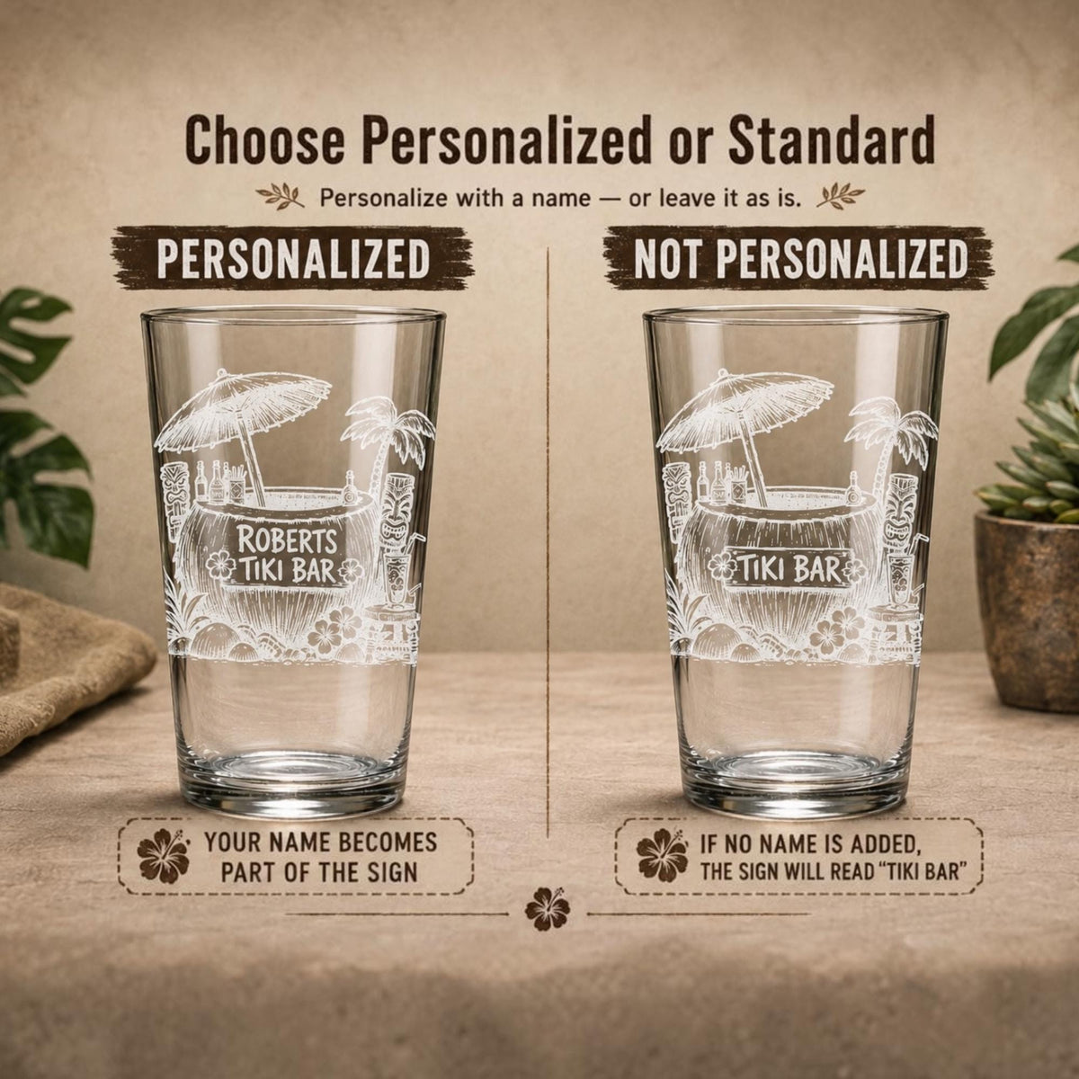 Tiki Coconut Bar Glasses | Engraved Personalized Tropical Barware, Beach Gift, Island Barware