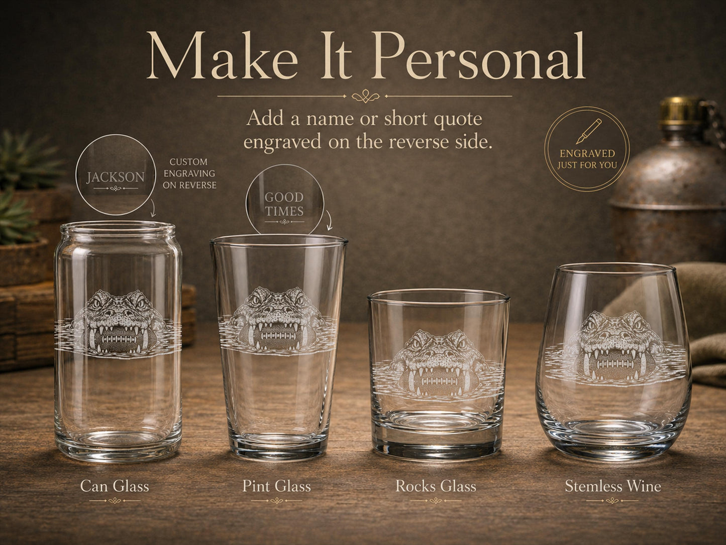 Alligator Drinkware | Personalized Gator Engraved Wine, Whiskey, Beer, Tea Drinkware Gift,  Southern Swamp Wildlife Theme