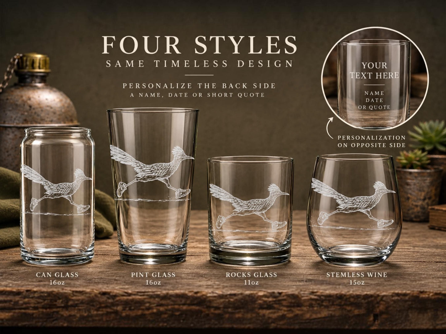 Runner Glassware | Personalized Roadrunner Gift, Engraved Whiskey Wine Beer Tea Drinkware for Marathon Lover,  Southwest Wildlife