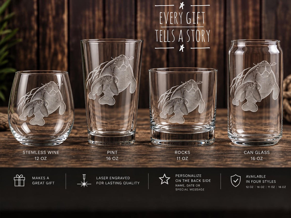 Manatee Drinkware | Personalized Marine Life Florida Springs Engraved Gift, Whiskey Wine Beer Tea Drinkware for Ocean Lovers