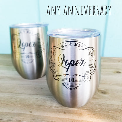Perfect 10th Anniversary Gift! Personalized Anniversary Wine Tumblers in Stainless Steel