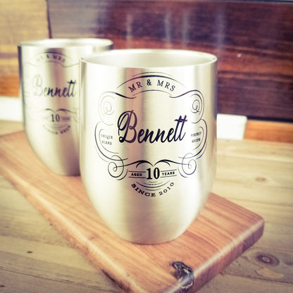 Perfect 10th Anniversary Gift! Personalized Anniversary Wine Tumblers in Stainless Steel