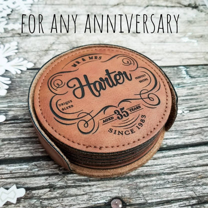 35th Anniversary Gift, Vegan Leather Coaster Set Personalized
