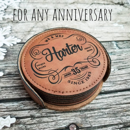 35th Anniversary Gift, Vegan Leather Coaster Set Personalized