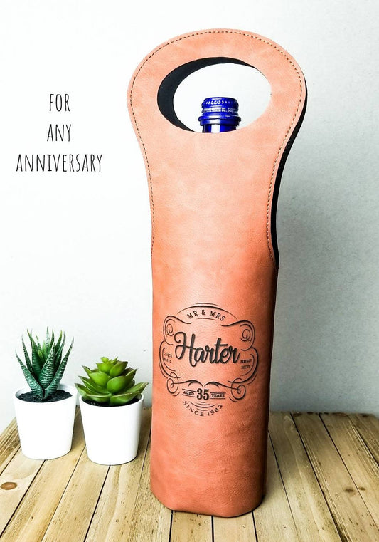 3rd Anniversary Gift Vegan Leather Wine Tote, 9th Anniversary Gift Personalized Wine Tote,