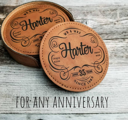 35th Anniversary Gift, Vegan Leather Coaster Set Personalized