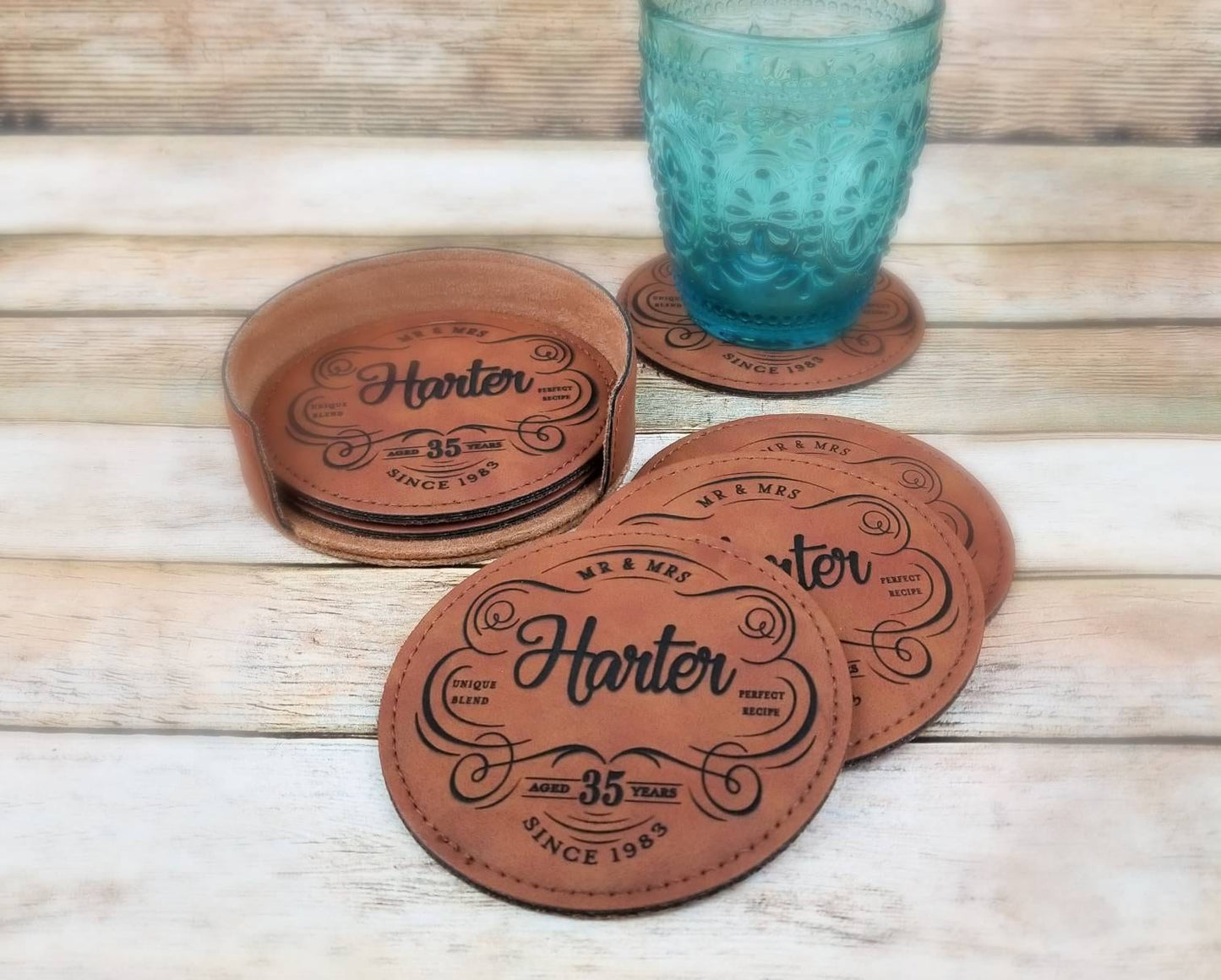 35th Anniversary Gift, Vegan Leather Coaster Set Personalized