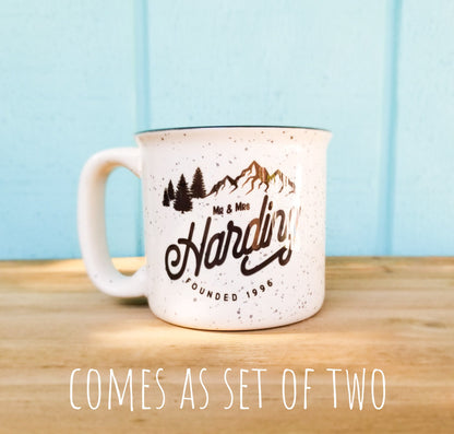 Wedding Gift Lodge Mugs, Ceramic Couples Camp Mugs, Anniversary Gift Lodge Mug Set, Personalized Wedding Gift