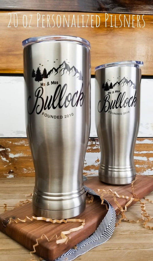 Anniversary Gift For Couples, Personalized SS Pilsner Set, Tin Anniversary gift, 10th Anniversary Gift