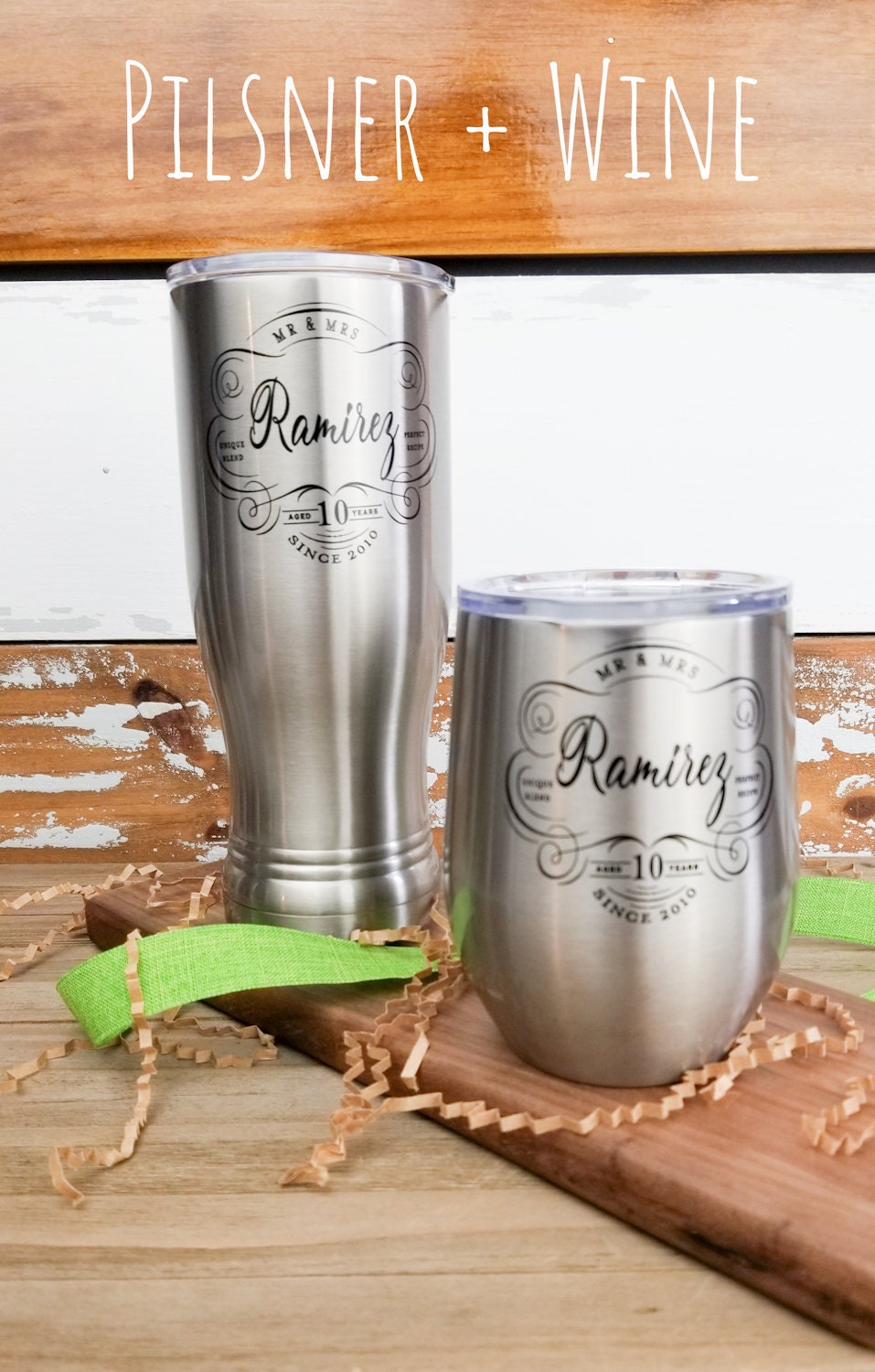 Anniversary Gift For Couples, Personalized SS Pilsner + Wine Tumbler Set, Tin Anniversary gift, 10th Anniversary Gift