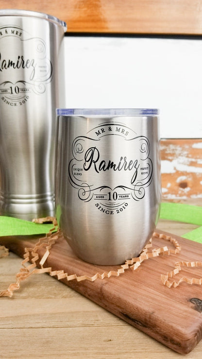 Anniversary Gift For Couples, Personalized SS Pilsner + Wine Tumbler Set, Tin Anniversary gift, 10th Anniversary Gift