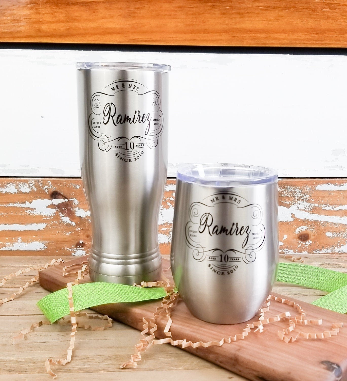 Anniversary Gift For Couples, Personalized SS Pilsner + Wine Tumbler Set, Tin Anniversary gift, 10th Anniversary Gift