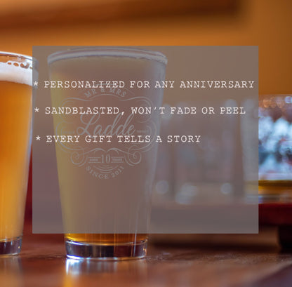 10th Anniversary Gift, Personalized Pint Glass, Anniversary Gift, Couples Home Bar Gift
