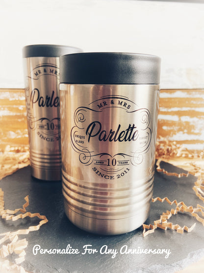 Anniversary Gift For Couples, Personalized Stainless Steel Can Cooler Set, Tin Anniversary gift, 10th Anniversary Gift