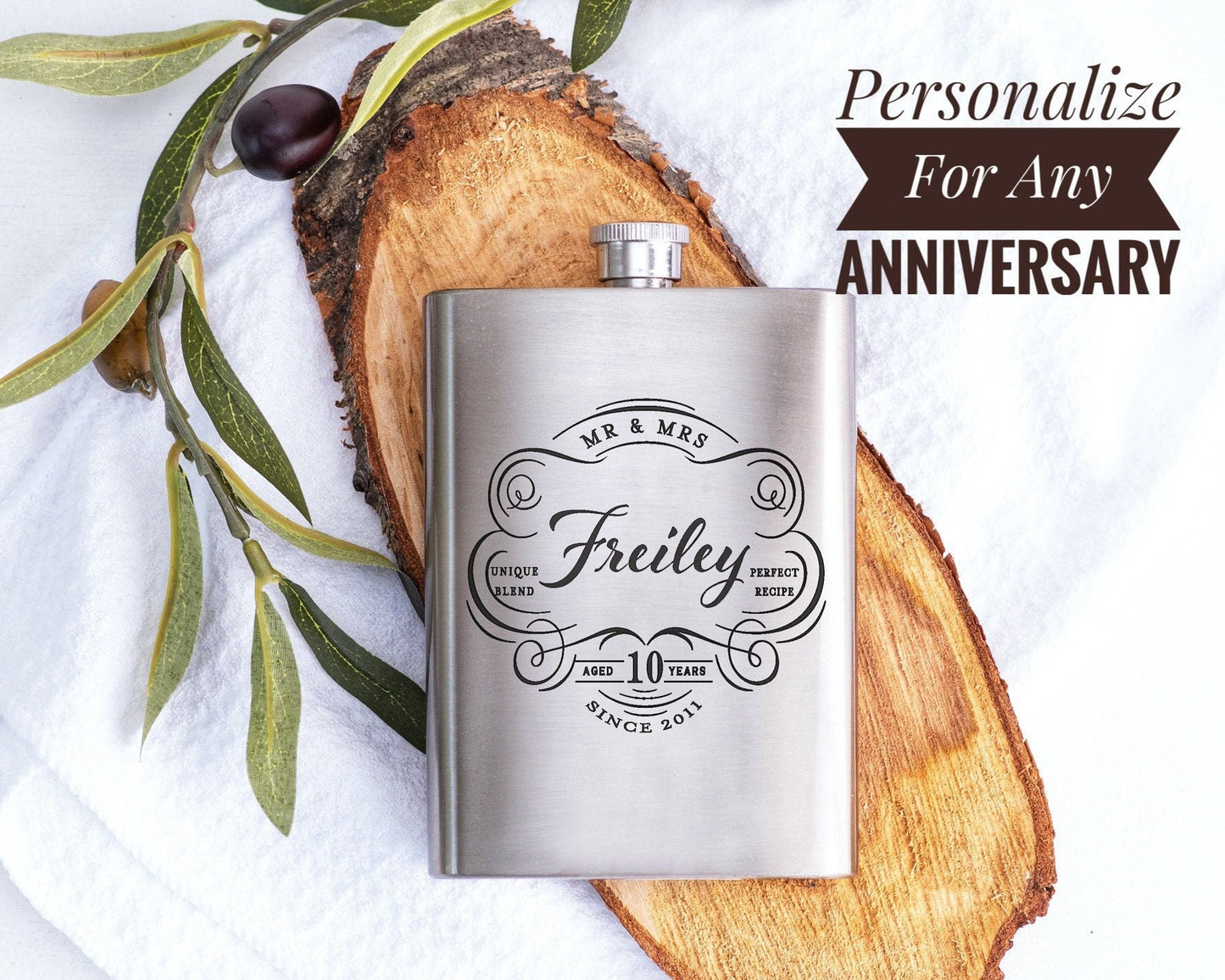 10th Anniversary Gift Personalized Stainless Steel Flask, Tin anniversary gift