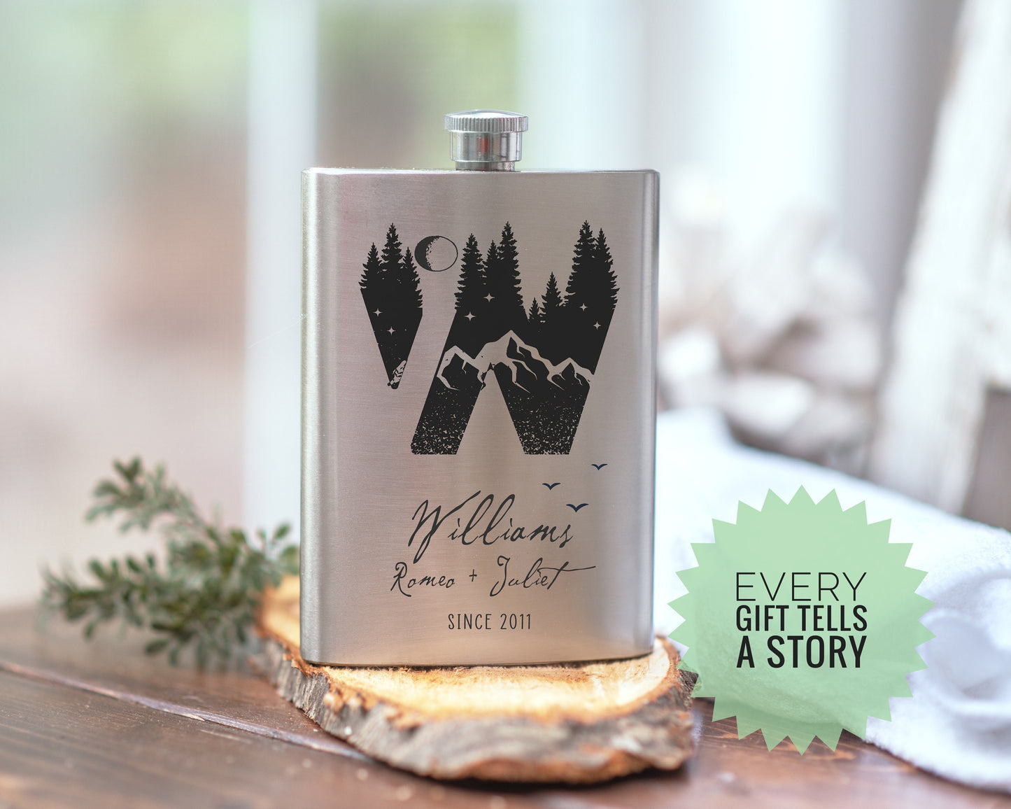 10th Anniversary Gift Personalized Stainless Steel Flask, Tin anniversary gift, Forest Letter Monogram Flask