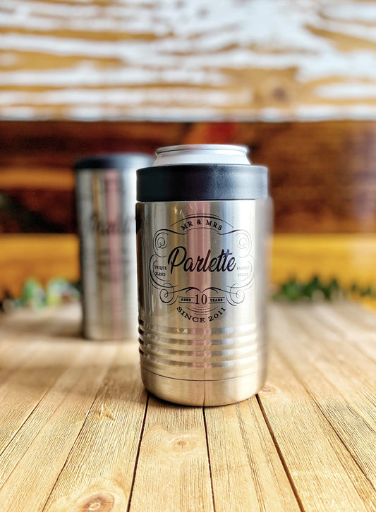 Anniversary Gift For Couples, Personalized Stainless Steel Can Cooler Set, Tin Anniversary gift, 10th Anniversary Gift