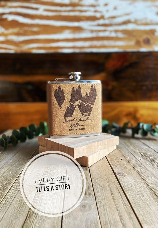 Adventurers Mr Mrs Wedding Gift, Forest Monogram Cork Flask, Personalized Wedding Anniversary Gift, Groomsman Gift