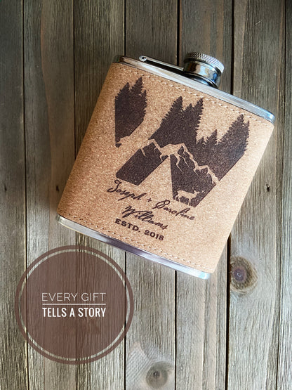 Adventurers Mr Mrs Wedding Gift, Forest Monogram Cork Flask, Personalized Wedding Anniversary Gift, Groomsman Gift
