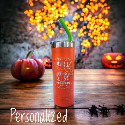 Personalized Pumpkin Juice Halloween Skinny Tumbler,  The Perfect Trick-Or-Treat Tag Along